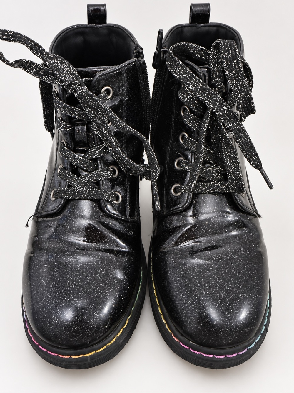 Black Glitter Lace-Up Girls Boots with Rainbow Stitching - sz 3